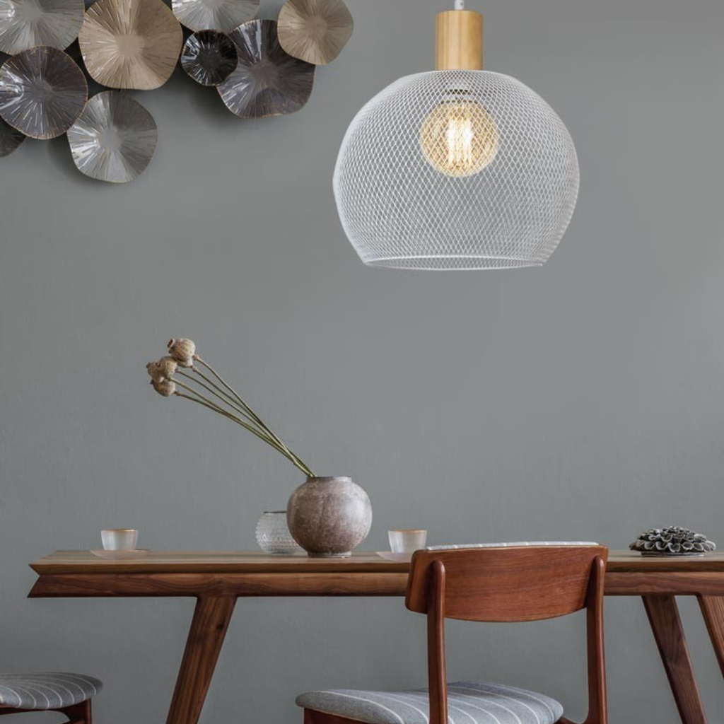 Colgante con madera y rejilla ø30cm para E27 led