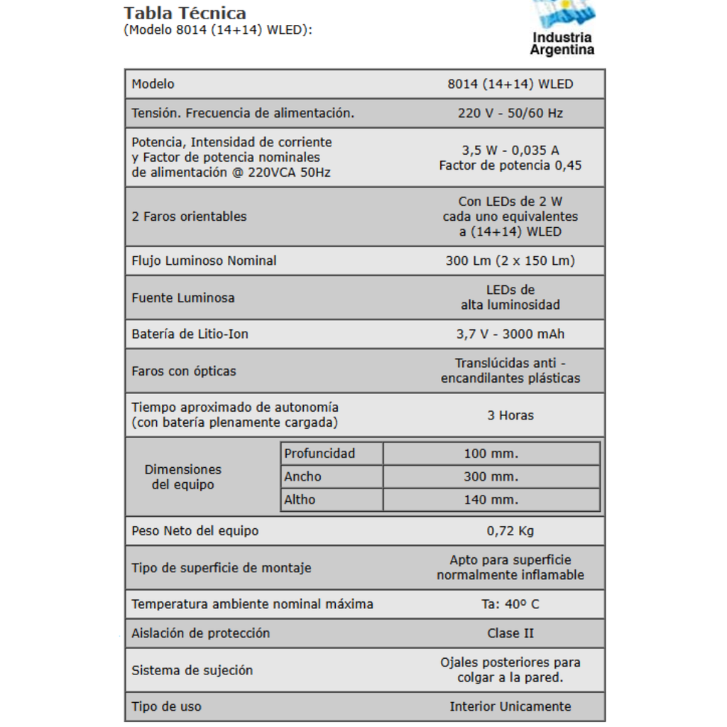 Luminaria de de Emergencia Aut. Con 2 Faros de 14--Wled Direccionables  Autonomía 3Hs. - Batería de Litio Ion - Apto para colgar, aplicar o apoyar