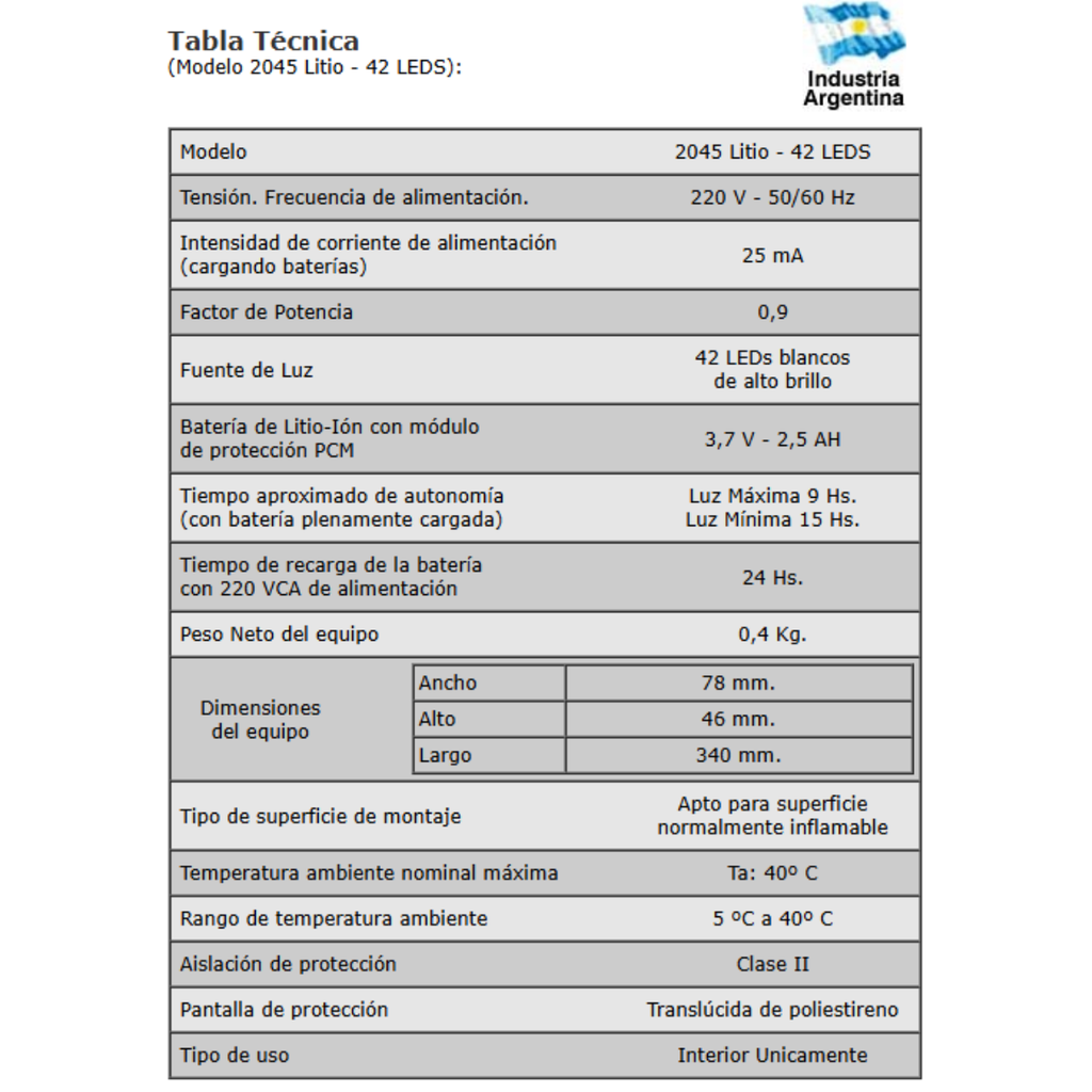 Luminaria Aut. 42 Led's blancos de alto brillo - Batería de Litio Ion - Ultra Slim -   Autonomía 15/9Hs. - 2 niveles de iluminación 