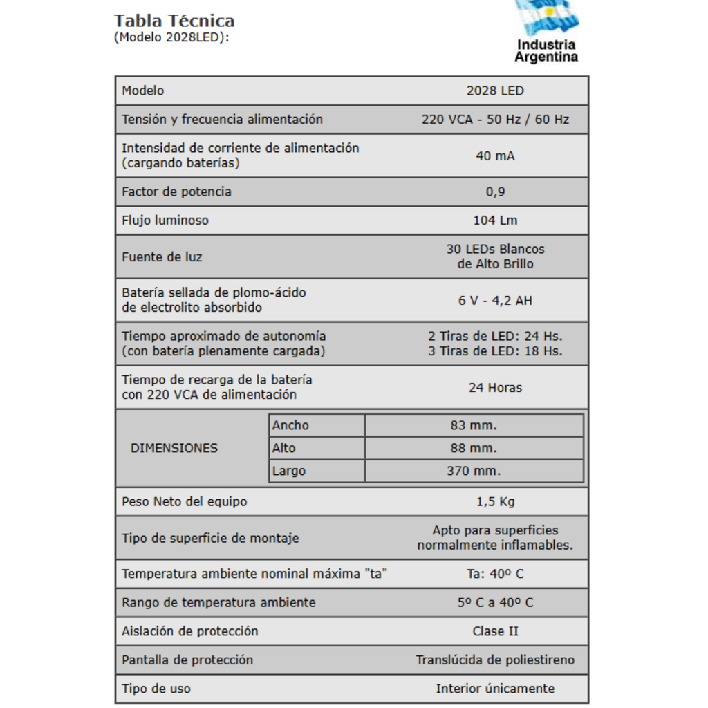 Luminaria Aut. 30 Led's de alto brillo - Autonomía 18 / 24Hs. - Batería de plomo ácido de 6V - 4,2Ah.