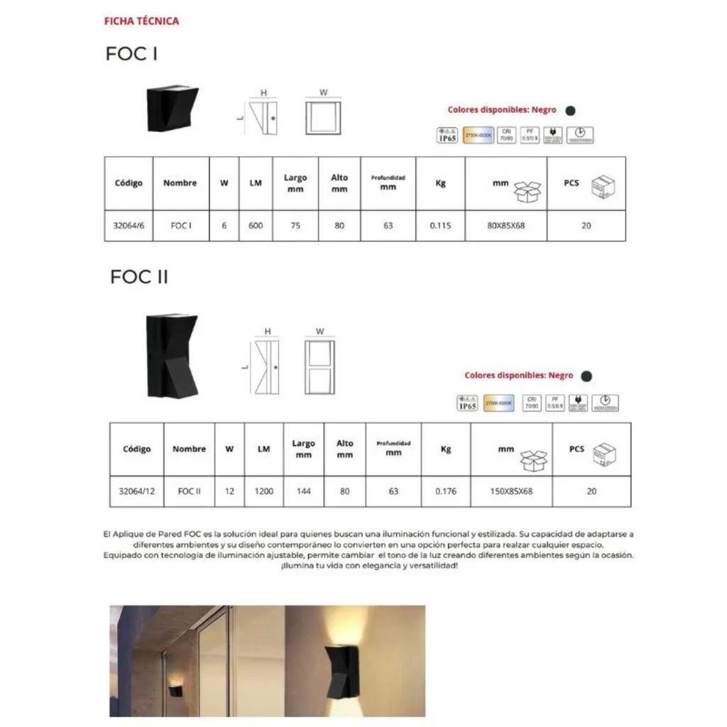 FOC II - APLIQUE DE PARED LED 12W BLANCO DINAMICO 