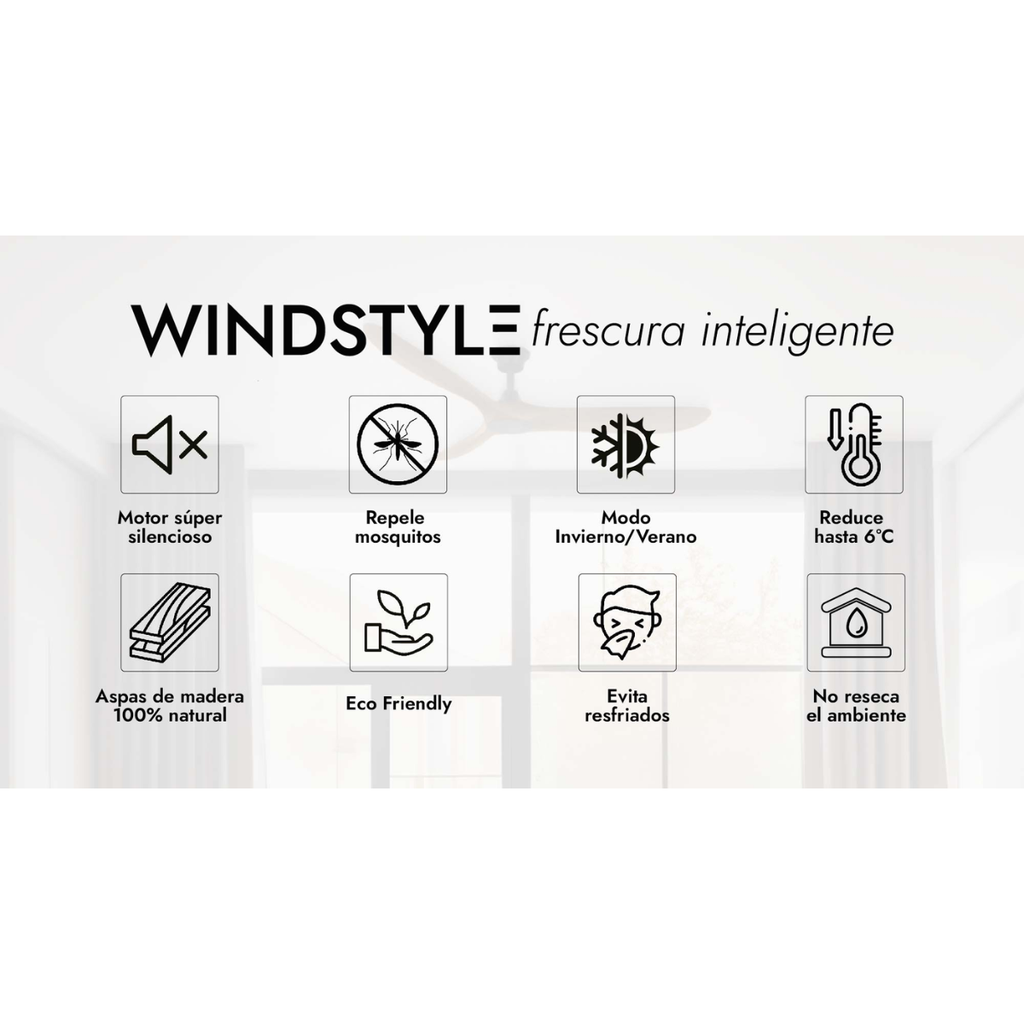 Ventilador Smart Aruba - Diam: 52'' - Motor: DC 40w Negro - Aspas Madera - Walnut - Sin Luz